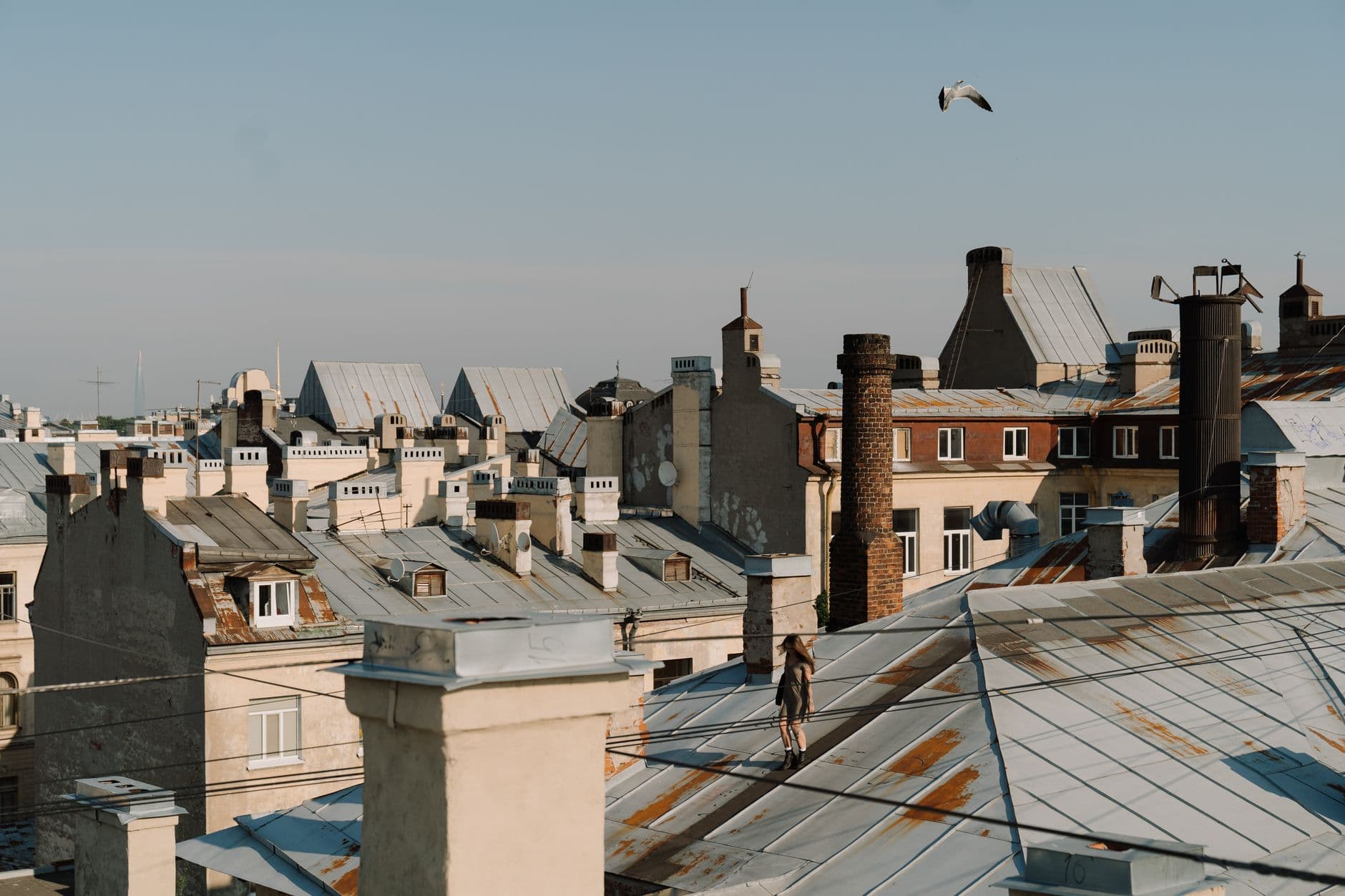 Panoramic view of weathered rooftops in an old European city under a clear sky.